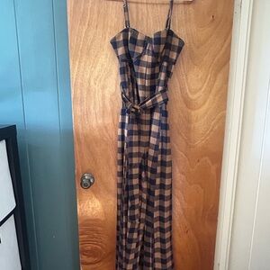 Free People Blue and Tan Checkered Jumpsuit